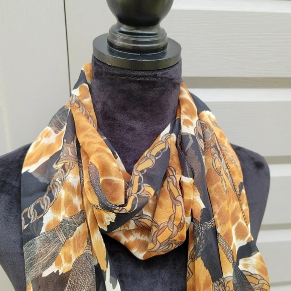 Fall Colors Chain Chiffon Scarf Wrap Beige Brown Black Print OS - Picture 4 of 6